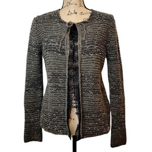 AMARYNTH Women's Alpaca Wool Italian Crocheted Lace Trim Cardigan Size Large